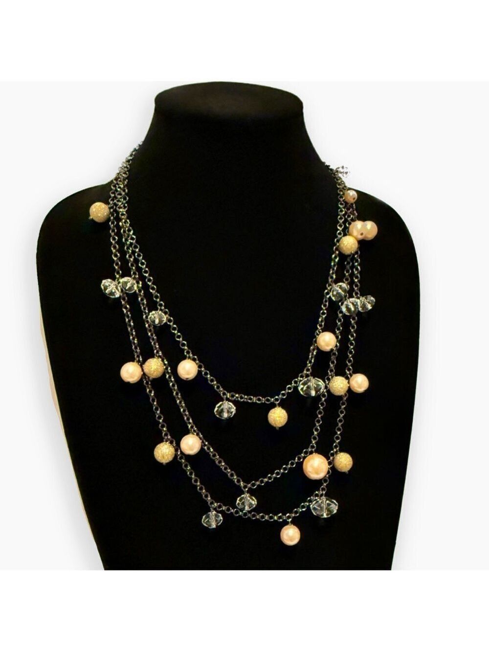 CHICO’S | Multi-Strand Glitter Gold, Pearl & Crystal Beaded Necklace | NWOT - Picture 2 of 8
